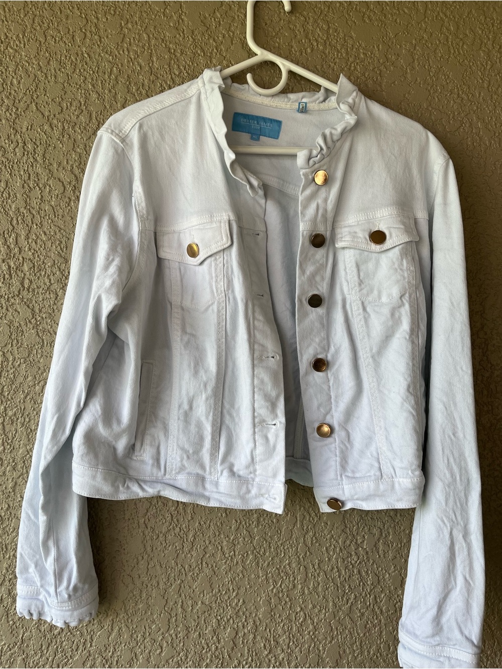 Draper James White Ruffle Collar Denim Jacket with Gold Buttons